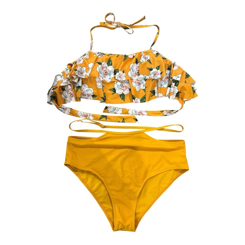 Floral Yellow Bikini Set gently used ties at neck and back size large.